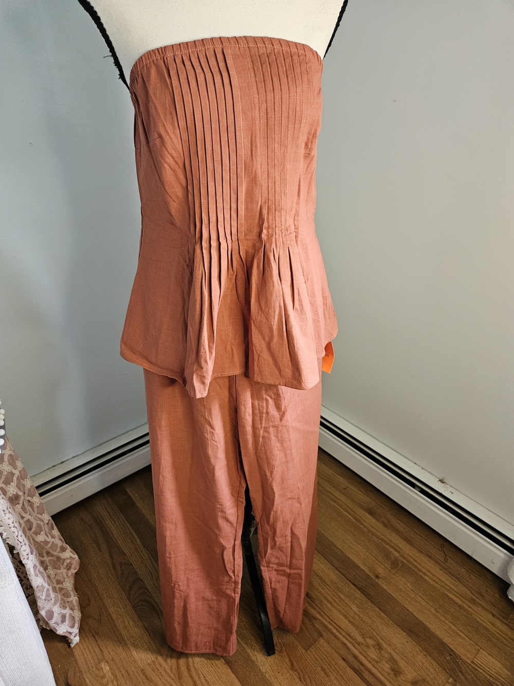 Strapless Pleated Pantsuit in Rust Color. 2 Pieces For Fall.
